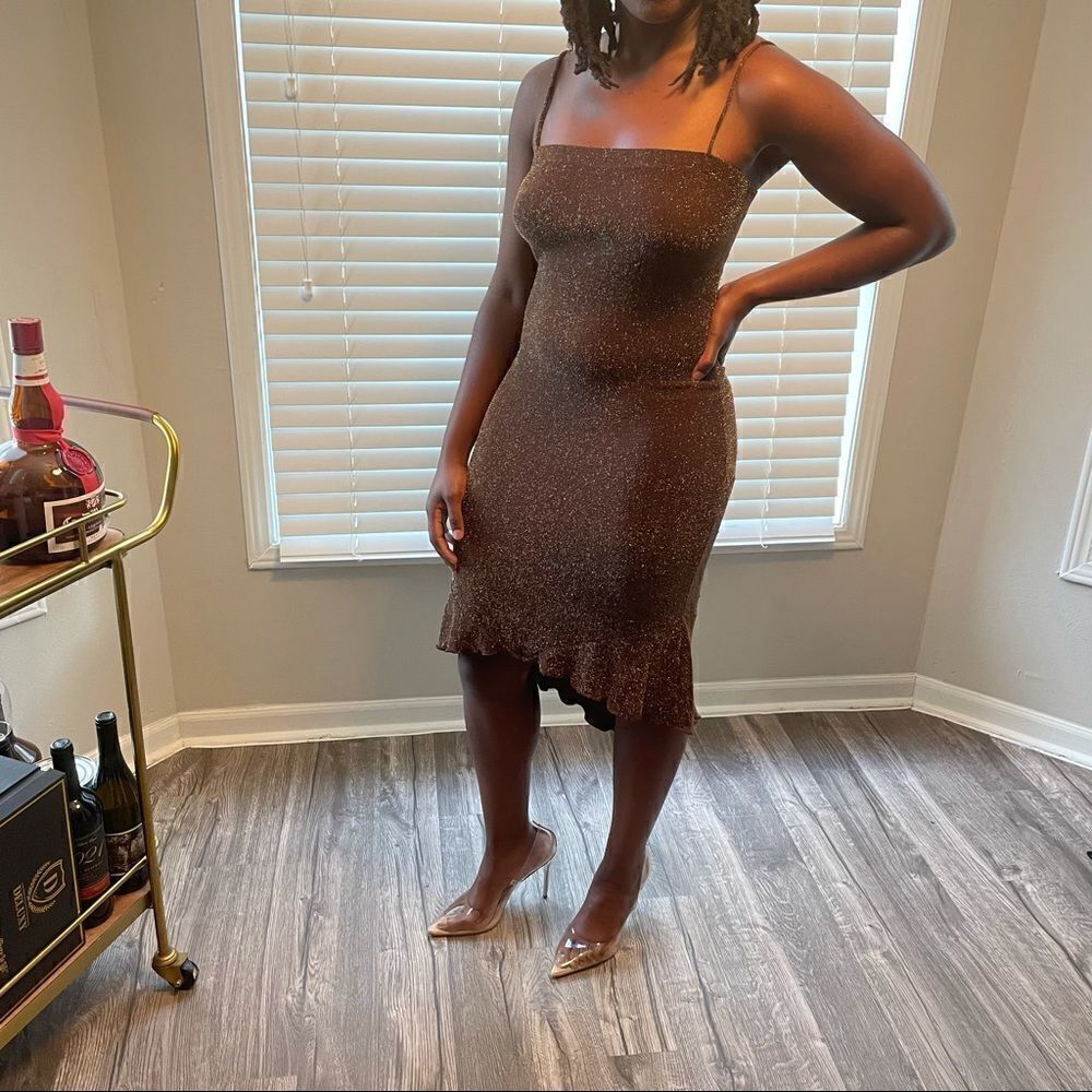 PIA Vintage Brown metallic gold bronze hi-lo dress - Picture 10 of 16